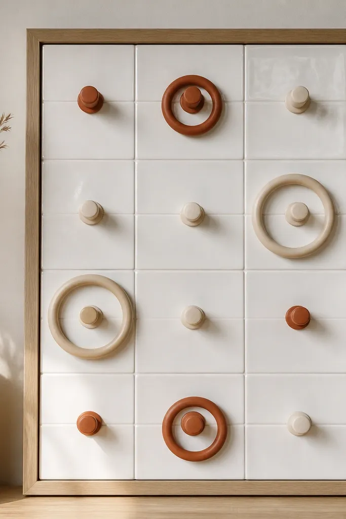 A wall panel made of small white ceramic tiles set into a frame. Painted ring pegs in terracotta and cream stick out, and rings sit on them.