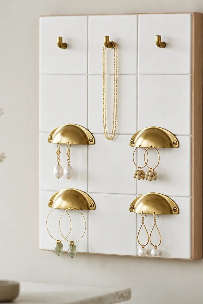 A small grid of white ceramic tiles mounted on a backing board. Brass cup pulls and small hooks are screwed into the tile grout lines. Earrings hang from the brass pulls; a thin chain drapes over a top hook.