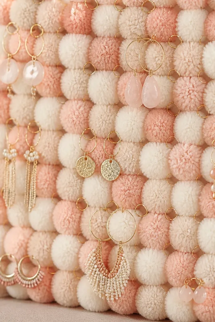 A soft panel covered in small yarn pom poms in cream and blush. Tiny metal ring holders are embedded between pom clusters. Earrings hang from rings; a few earrings rest against the pom tops.