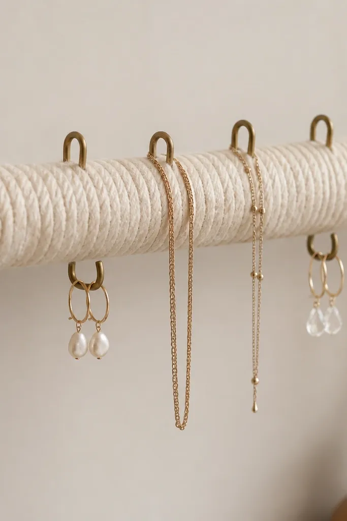 A thick dowel wrapped in chunky yarn and mounted horizontally. Chains loop over small looped metal hooks attached to the yarn-wrapped dowel, with earrings resting on two small hooks below.