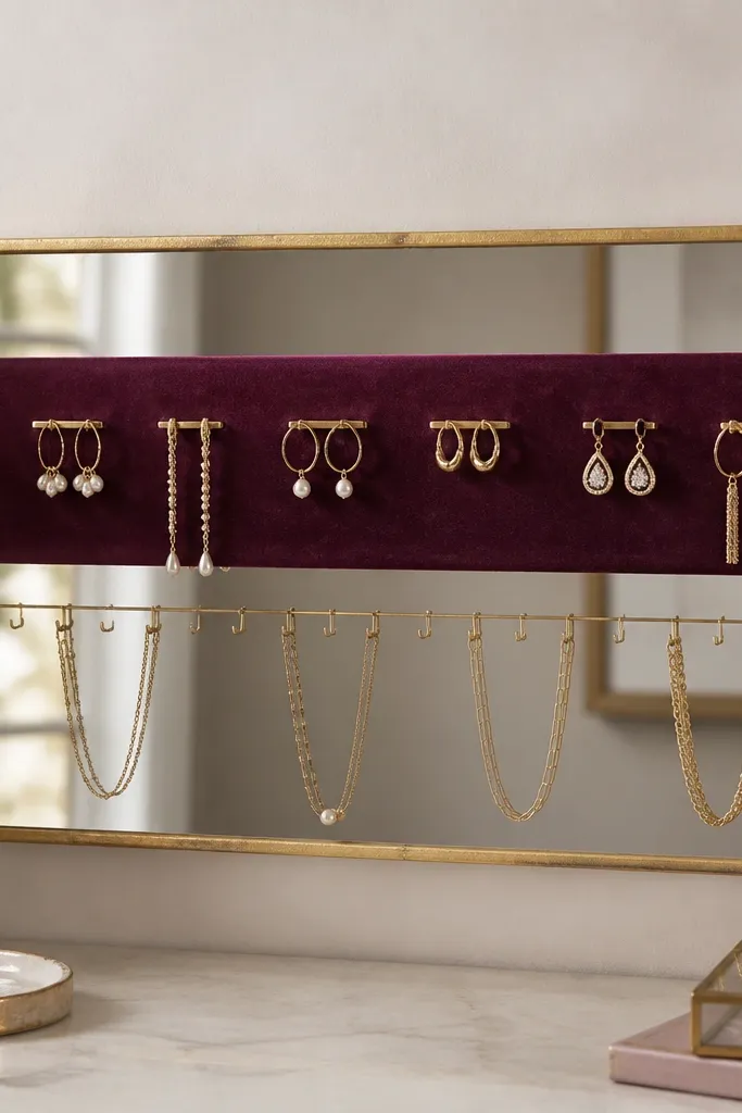 A rectangular mirror-like frame with a thin gold leaf edge. Inside, a deep plum velvet strip runs horizontally, with tiny metal hanger bars holding earrings. Necklaces rest on a lower row of small hooks.