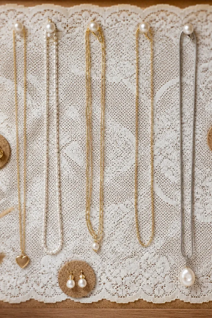A cork board covered with a white lace doily. Pearl pushpins hold necklaces by the clasp area, and a few earring studs sit on tiny cork circles.