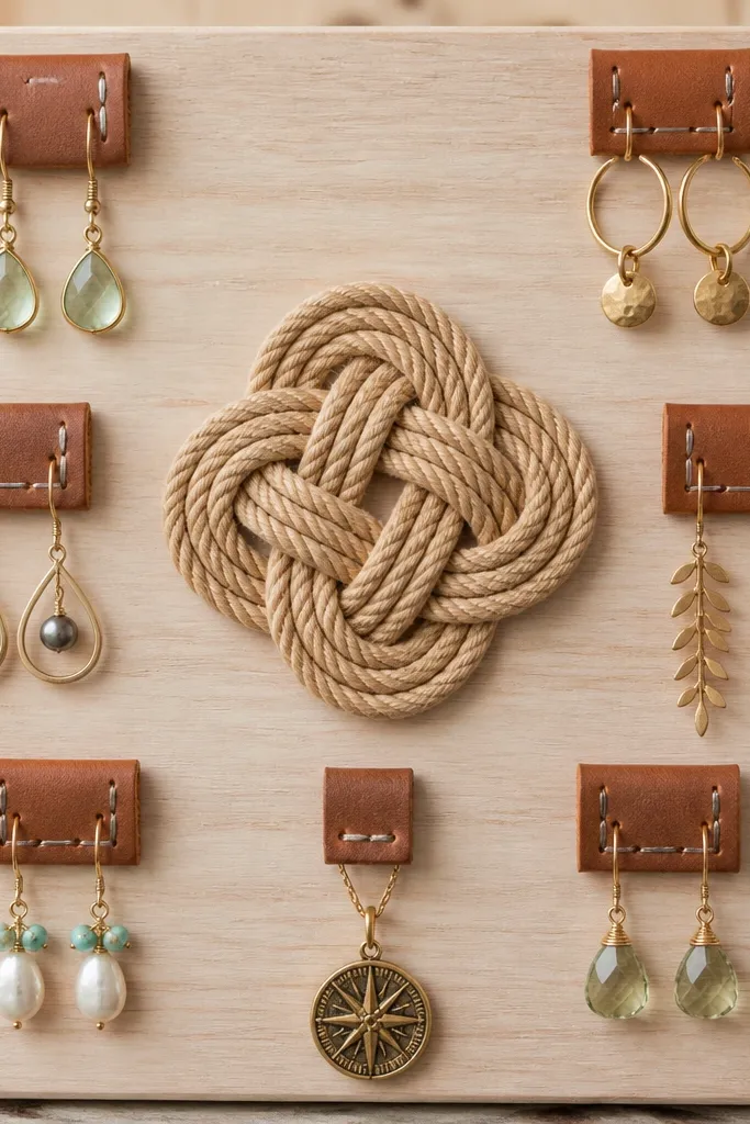 A light wood board with a decorative rope knot cluster in the center. Around it, small leather strap loops are stapled and stitched to the board, holding earrings by their hooks. A single leather loop holds a pendant.