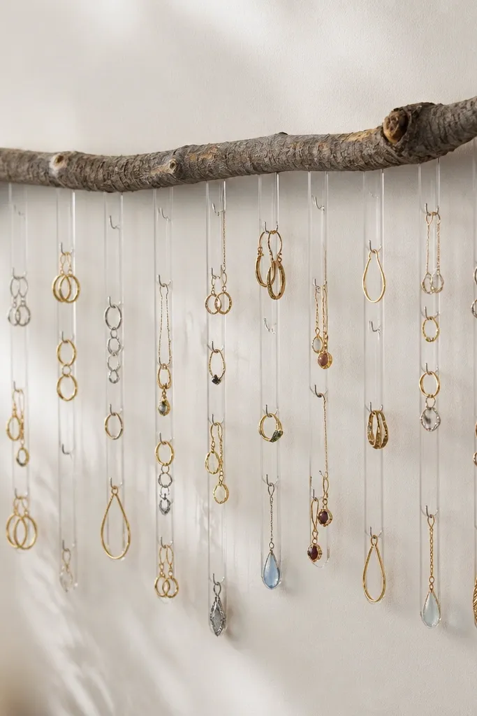 A natural branch mounted horizontally on the wall. Clear acrylic bars hang beneath with small hooks, and rings and earrings are attached along the bars.