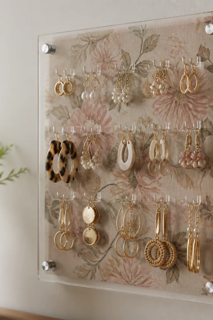 A clear acrylic panel mounted on the wall with a patterned fabric backing behind it. Earring backs hook onto small U-shaped metal pins attached to the acrylic. The fabric shows through, creating a layered gallery look.