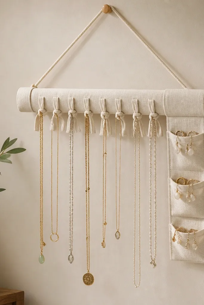 A wall hanger made from a rolled strip of soft fabric with knot ties. Short necklaces hang from the knots, and small earring pouches are sewn on the side.