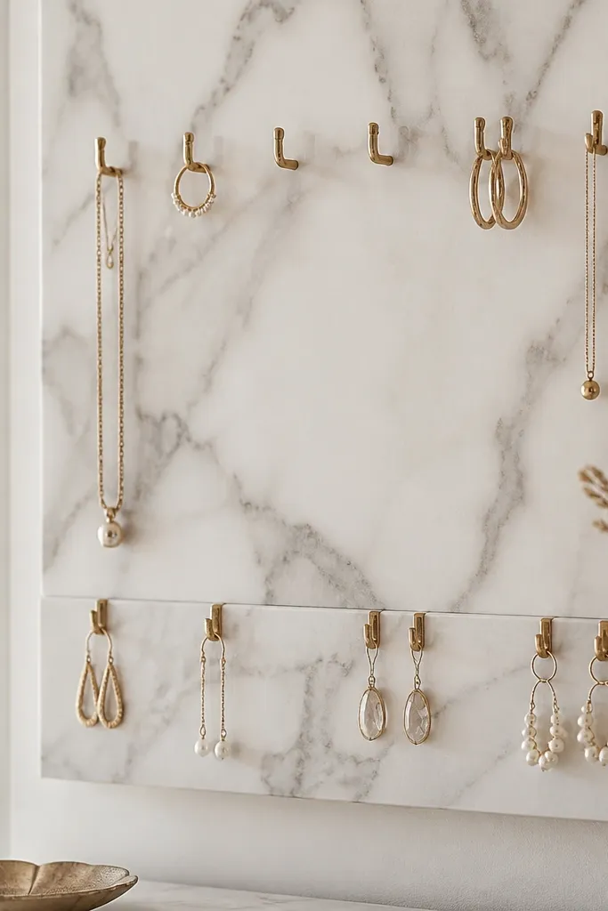 A smooth wall panel covered in marble-look contact paper. A row of small gold hooks sits near the top, and earrings are pinned with small clips on a lower strip.