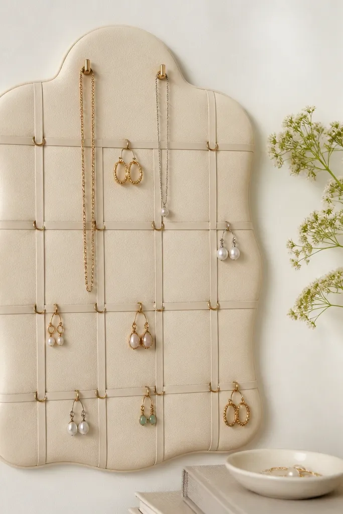 A shaped foam board panel covered in cream faux leather with a grid of thin faux leather ribbon strips. Small metal rings slide along the strips, holding earrings. A couple of hooks sit at the top for necklaces.