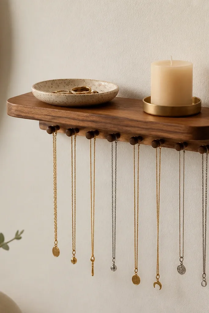 A small floating shelf mounted on the wall. Under the shelf, a row of pegs holds necklaces by their clasps. The shelf top holds a small jewelry dish and a candle.