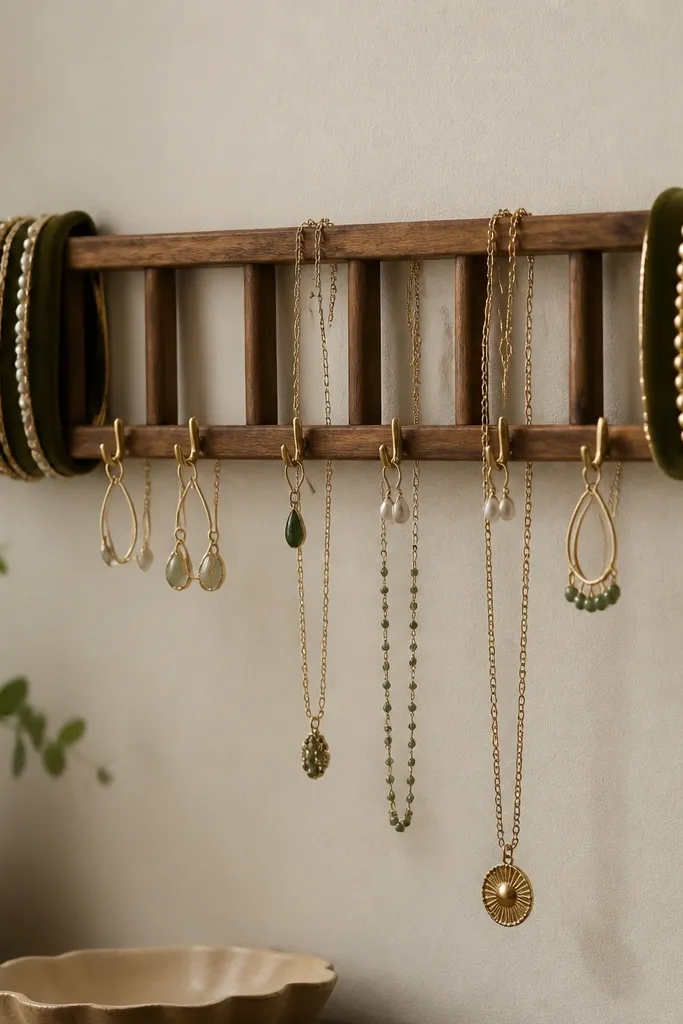 A small wooden ladder-like slat mounted horizontally. Several mini hooks hang along one side, and velvet cuffs wrap around the slat ends holding bracelets. Earrings hang from hooks; necklaces drape over the top edge.