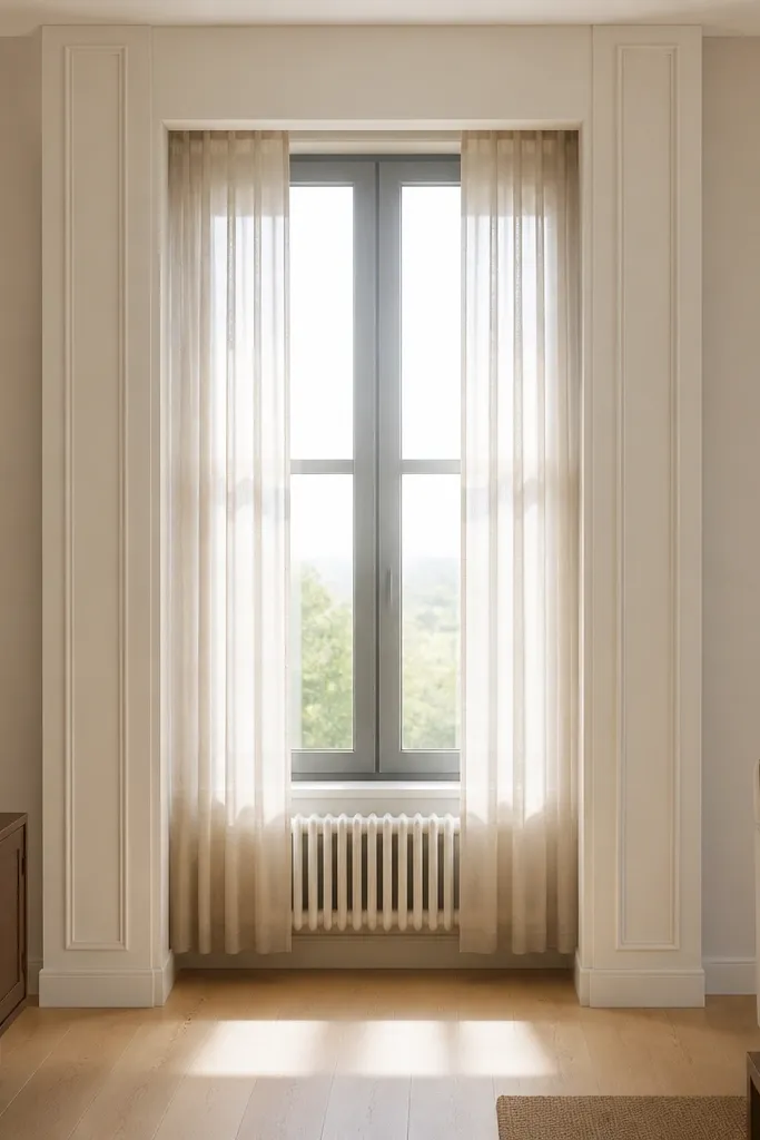 White wall with three vertical moulding columns framing a window