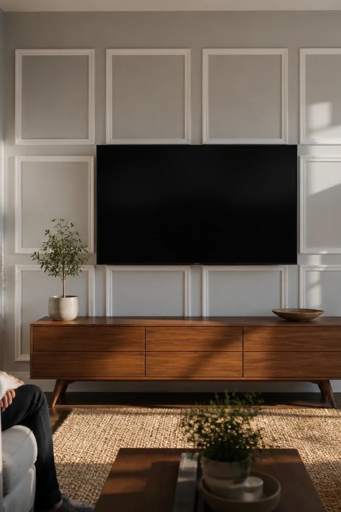 Light wood squares arranged in a grid behind a TV on a cream wall