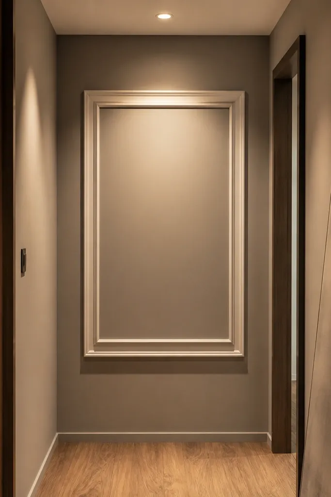 Large cream wall with a framed rectangle panel in the center