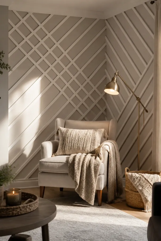 One corner of a room with diagonal moulding panels in white and warm gray