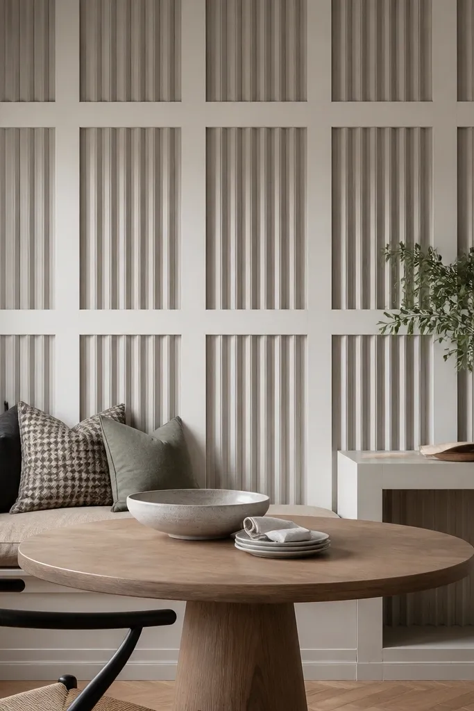 Wall with vertical slats and framed rectangles like a built-in bookshelf pattern