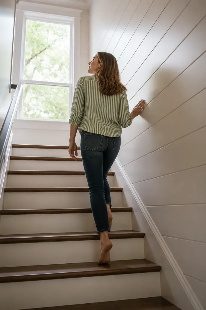 Stair landing wall with stacked rectangular moulding panels like steps