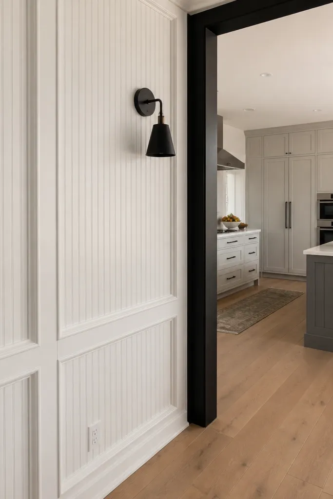 Wall with vertical bead lines framed by flat modern moulding