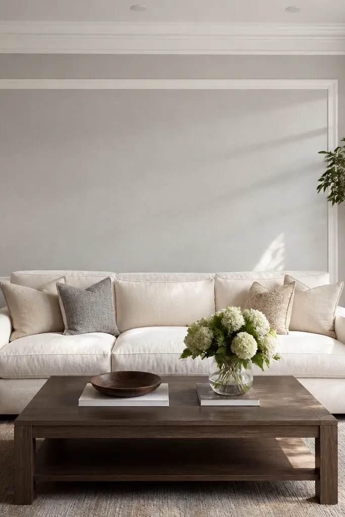 Large wide-bordered rectangle moulding panel centered above a couch