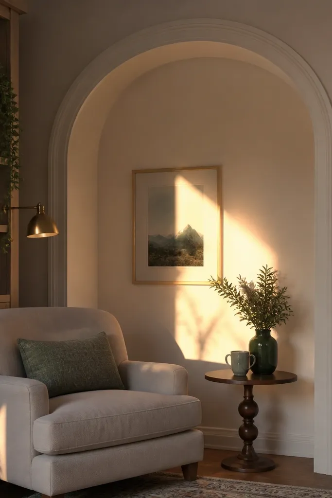 Corner of a room with an arched moulding frame and inset panel
