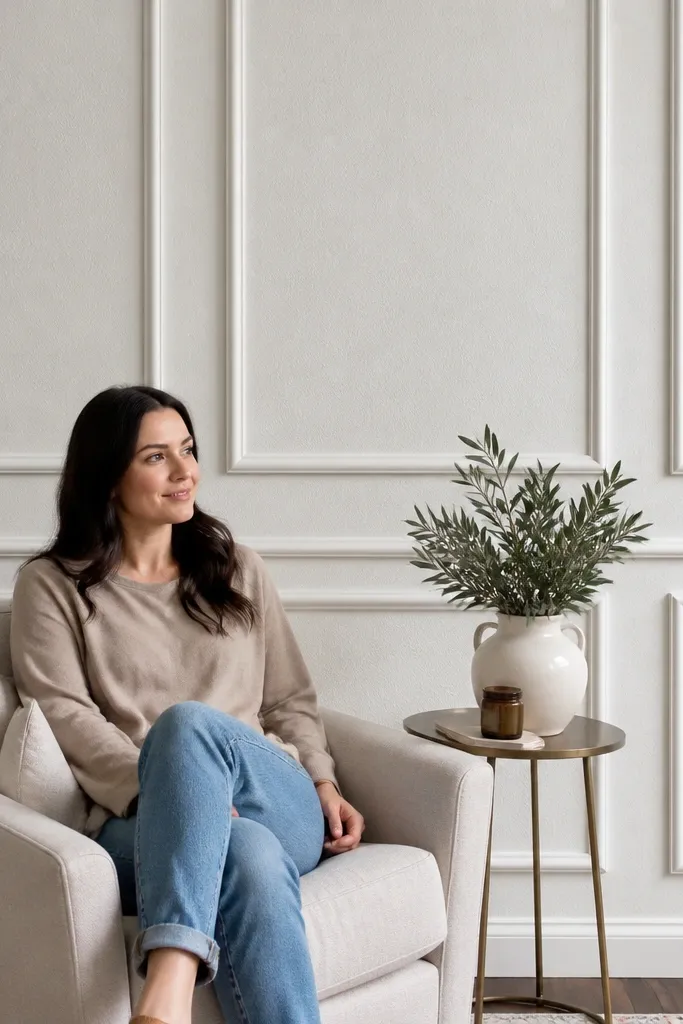 Matte white wall with crisp raised moulding rectangles like wallpaper