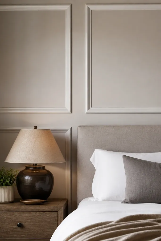 Wall with moulding frames that have beveled edges creating soft highlights
