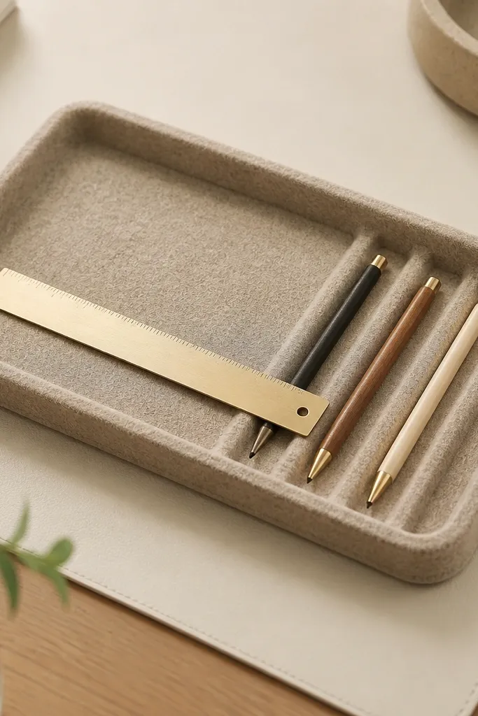 A rectangular desk tray lined with oat-colored felt, with three pencil slots and a slightly raised felt lip. A small brass-toned ruler rests across the tray, and the background shows a cream desk mat.