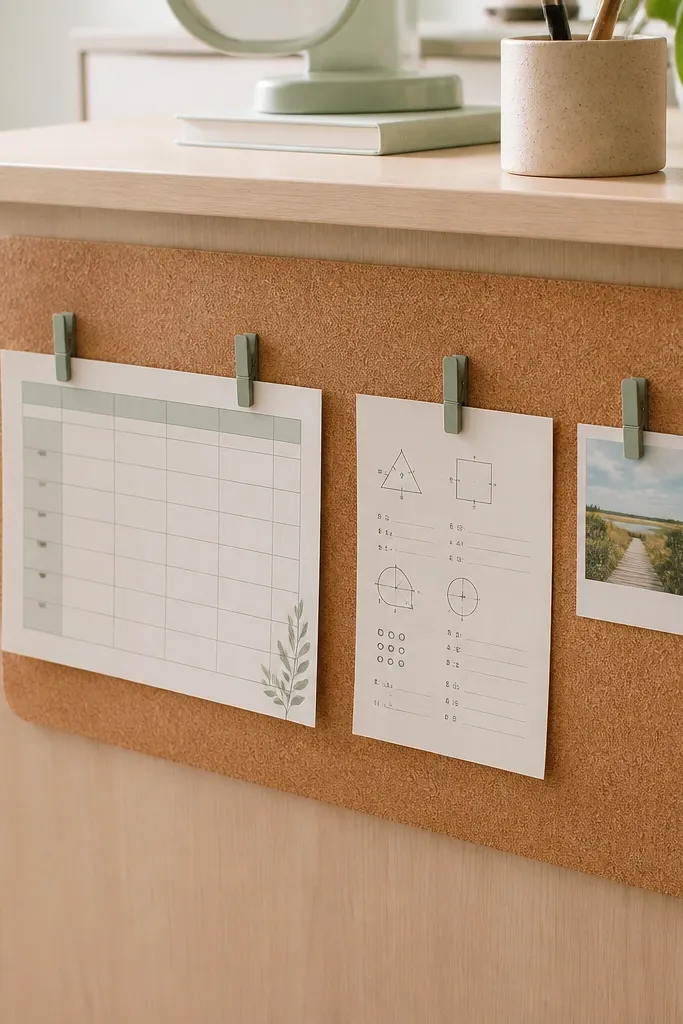 A cork board mounted on the side of a desk with five clothespins holding a weekly schedule sheet, a math worksheet, and a small photo. The cork has a warm tan tone and the clips are muted sage.