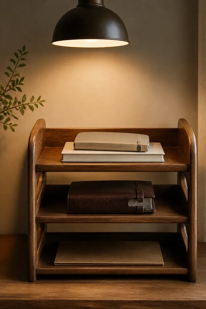 A warm wooden three-tier stand holding two notebooks on the top shelf, a small binder on the middle shelf, and a folder on the bottom. The stand sits centered under a lamp with warm light.