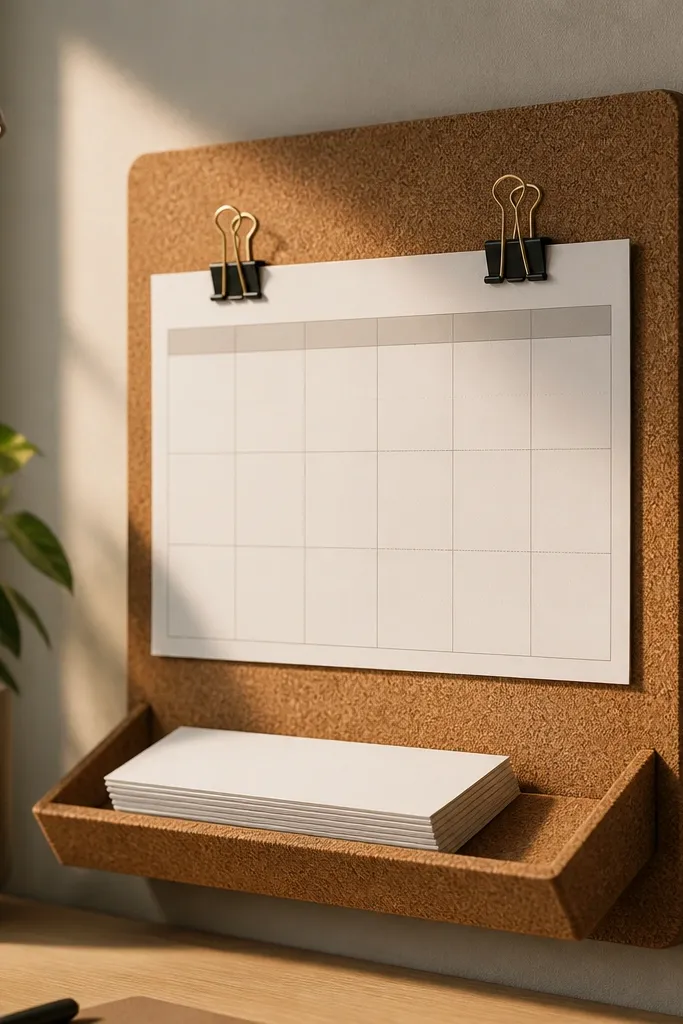 A cork board panel mounted behind a small angled tray. A stack of to-do slips sits in the tray, with two binder clips holding a weekly sheet. Warm lamp light hits the cork texture.