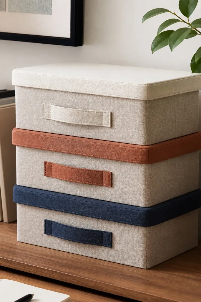 Three stackable fabric bins on a desk shelf, each with a different lid color: cream, terracotta, and muted navy. The bins have stitched handles and sit next to books.