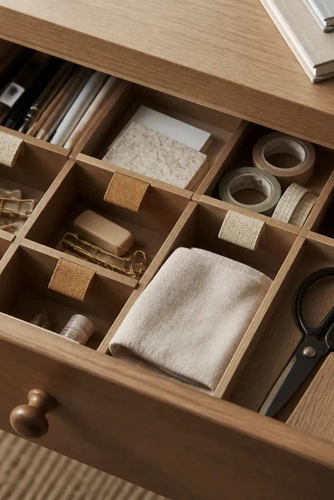 Inside a desk drawer, small wooden dividers create compartments. Each divider has a fabric tab in beige and caramel with handwritten labels. Scissors sit in a dedicated slot.