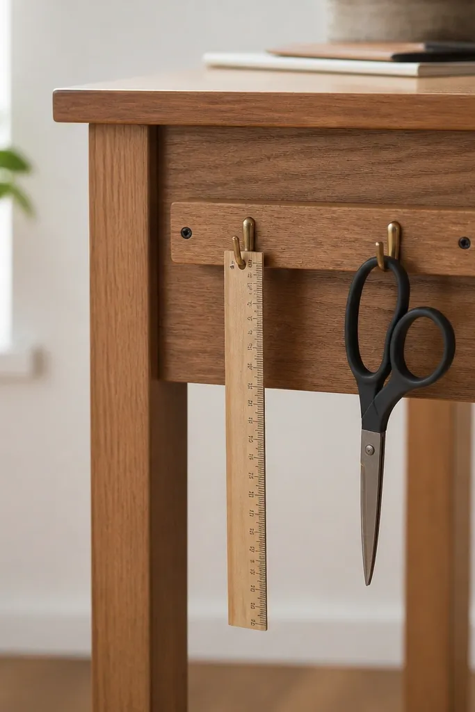 A short wooden rail mounted along the side of a desk with two small hooks. A ruler hangs straight down and a pair of scissors hangs by the handle.