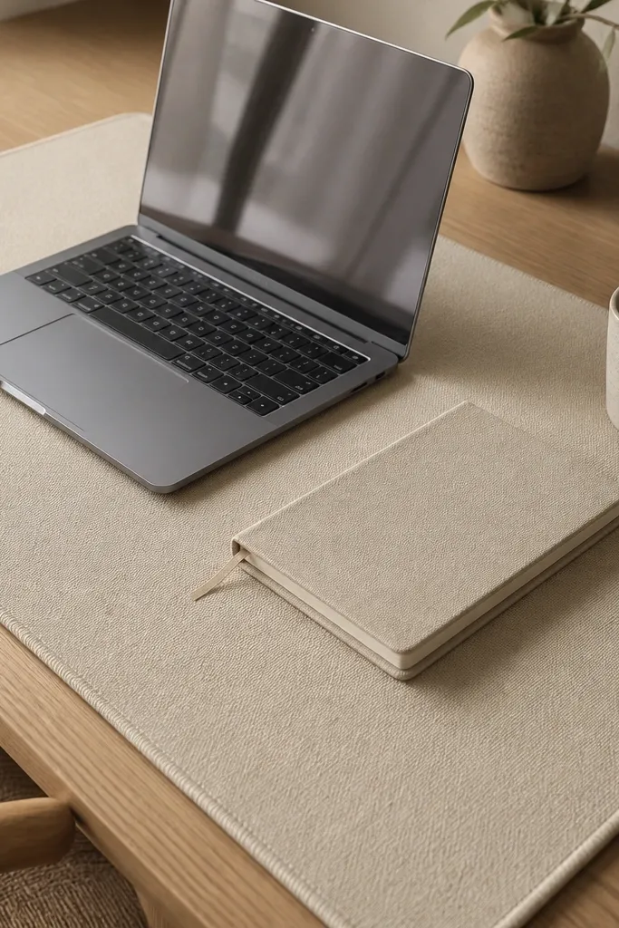 A large oatmeal-colored desk mat with visible stitched border sits under a laptop and notebook. The mat texture looks like thick canvas.