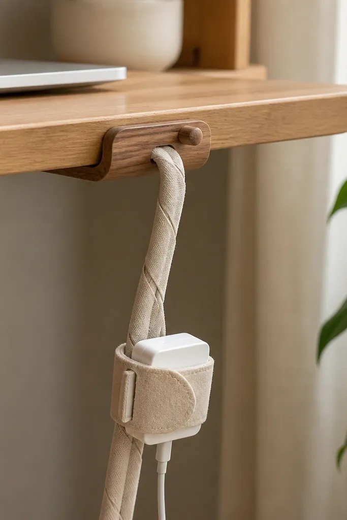 A small wooden cable guide mounted under the desk edge. A soft cord organizer wraps cables in a warm beige sleeve and holds the charger in place.