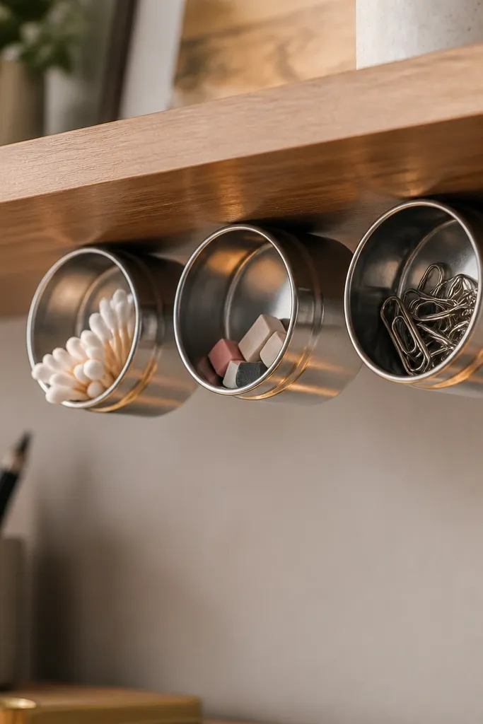 Small stainless spice tins mounted under a shelf with magnets. Inside are cotton swabs, eraser bits, and paper clips. A warm light reflection shows on the tins.