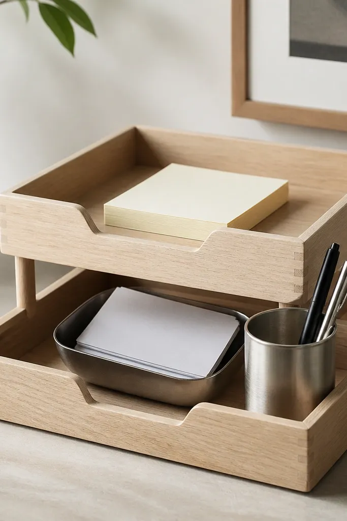 A stackable set of two trays in matte light wood. The top holds a pad of sticky notes, the bottom holds index cards in a small metal scoop and a pen cup.