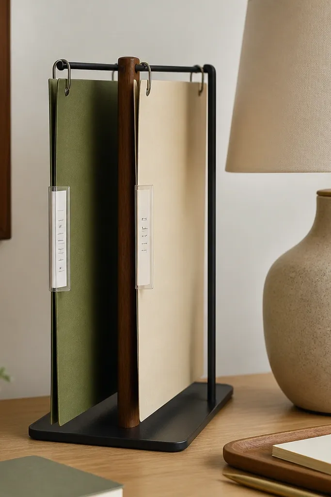 On a vertical stand, two labeled file folders hang side by side. Each folder has a clip-in spine card with handwritten labels, and the stand sits next to the lamp.