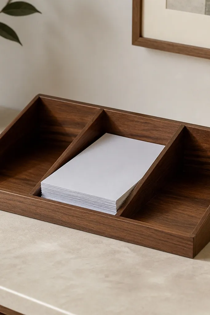 A slanted paper tray in warm walnut tone with three compartments: incoming, working, and finished. A stack of worksheets sits in the "working" section.