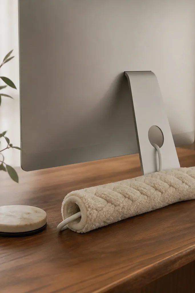A cream faux-fur cable sleeve wraps around a charging brick and cord. It sits behind the monitor on a warm wood desk, with the cord neatly tucked.