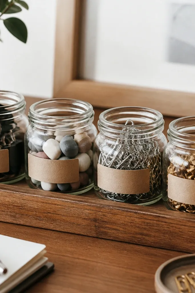 A set of small glass jars in a wooden rack. Each jar holds items like binder clips, eraser bits, paper clips, and thumbtacks. Labels are kraft tape with dark handwriting.