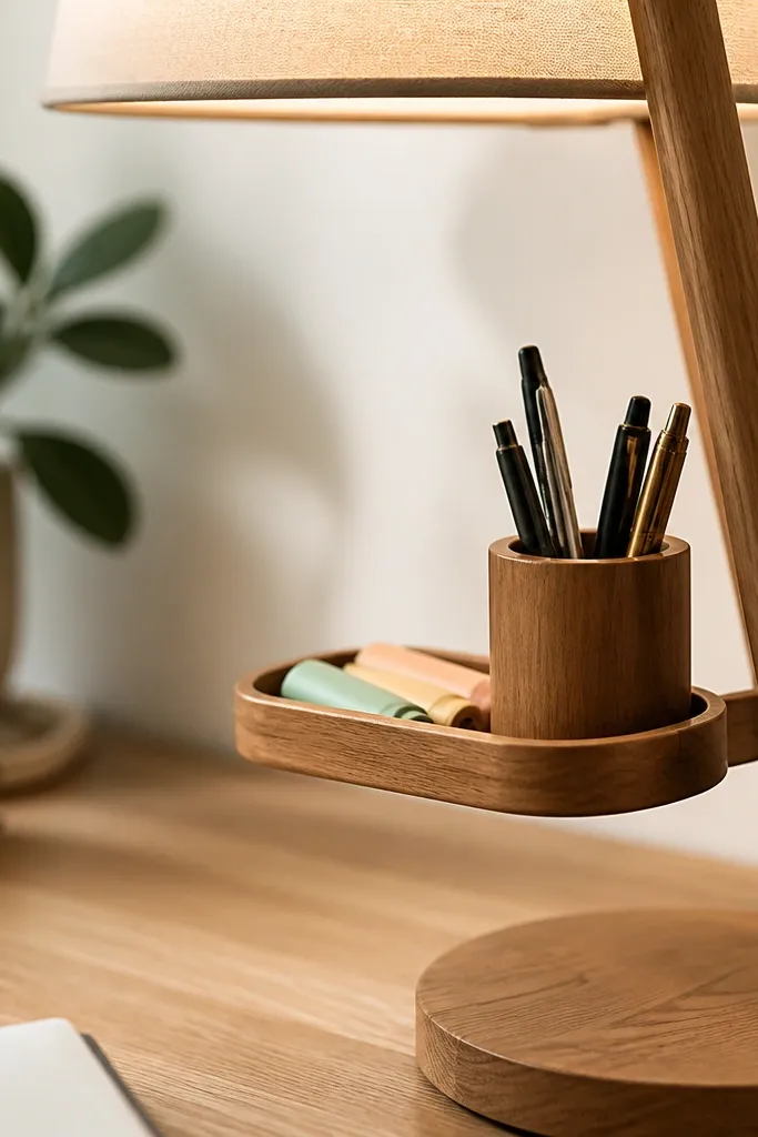A small tray attached to the side of a warm desk lamp. Pens stand in a shallow cup while highlighters lie flat behind them. The tray matches the lamp's warm wood finish.