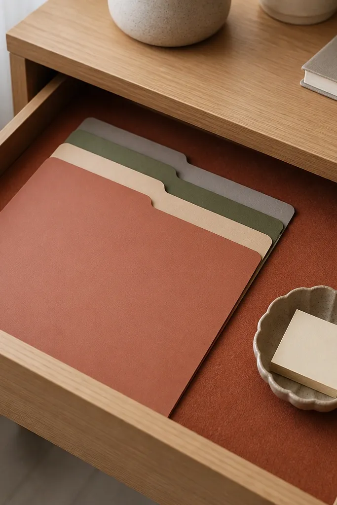 A terracotta felt drawer liner with neat edges inside a desk drawer. Inside are labeled paper folders and a small container of sticky notes.