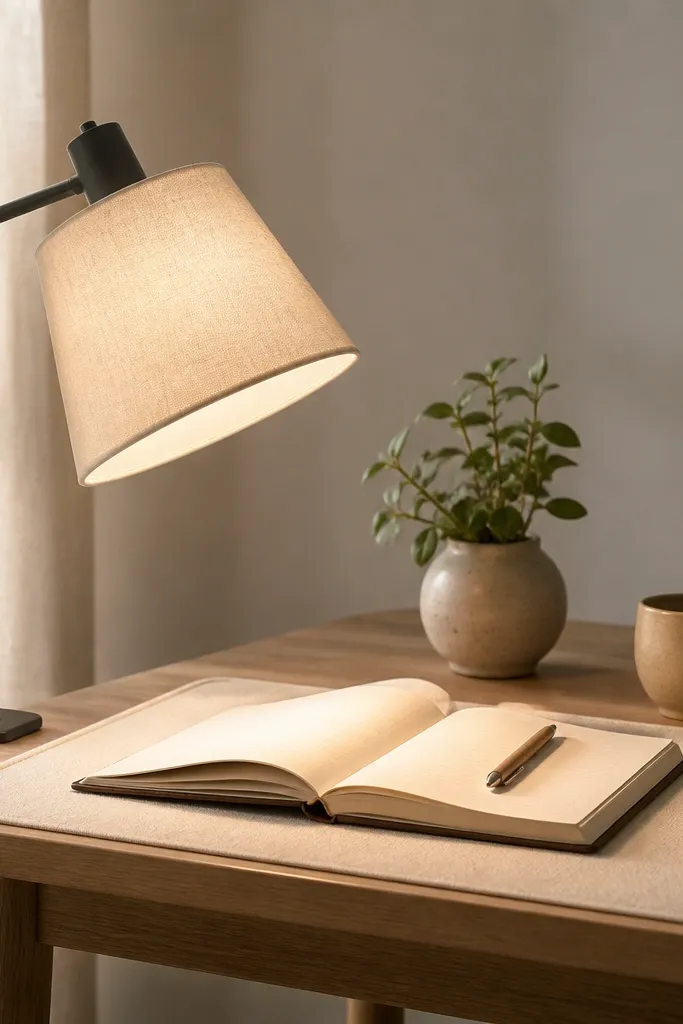A clip-on desk lamp with a fabric shade in a warm beige tone. The light hits a notebook without glare, and the desk mat looks cream and soft.
