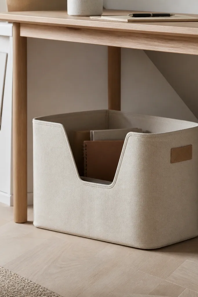 A fabric bin in oatmeal canvas with a stiff cardboard base sits under the desk. It has a front opening and a kraft label tag stitched to the side.