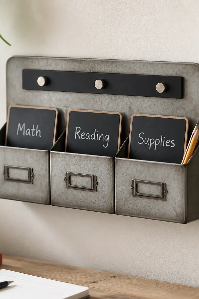 A metal organizer with a magnetic strip labeled in chalk. Each slot has a small chalkboard card with the words "Math," "Reading," and "Supplies." The labels look hand-drawn.