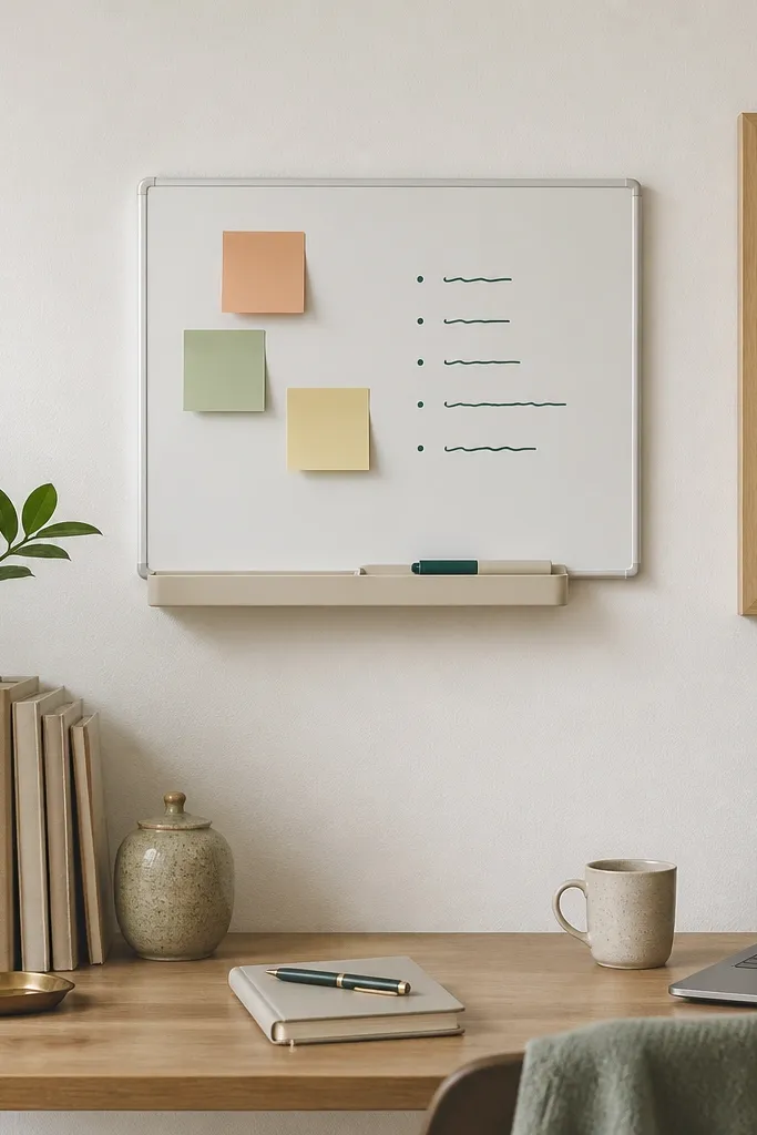 A small whiteboard on the wall above the desk with a beige marker tray attached. Sticky notes and a simple to-do list are written in dark teal marker.