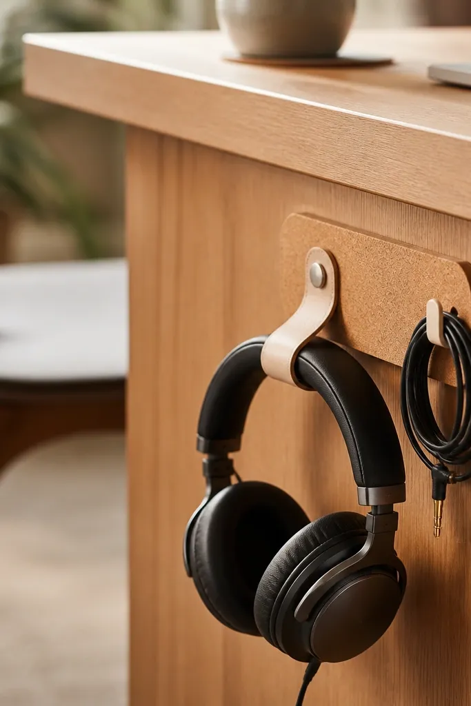 A cork-backed headphone hanger mounted on the side of the desk. A warm beige strap holds the headphones, and a small hook holds the coiled cord.