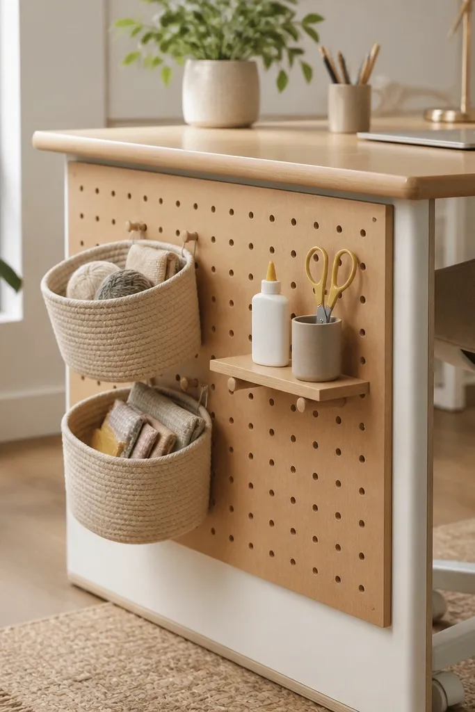 A pegboard mounted on the side of the desk with two woven fabric baskets hanging from hooks. A small shelf holds a glue bottle and scissors.