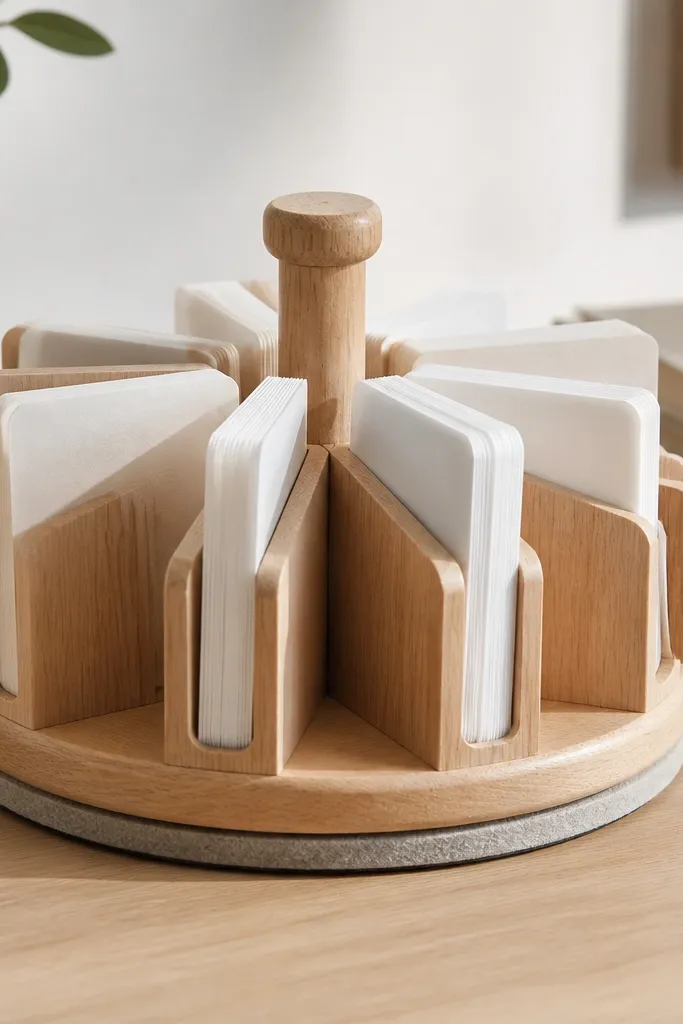 A small rotating turntable file holding flashcards in vertical slots. The turntable is light wood with a soft felt base and a central handle.