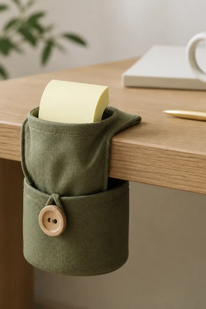 A fabric tube holder on the desk edge with a roll of sticky notes sticking out. The fabric is a soft olive with a wooden button at the front.